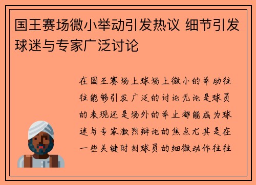 国王赛场微小举动引发热议 细节引发球迷与专家广泛讨论