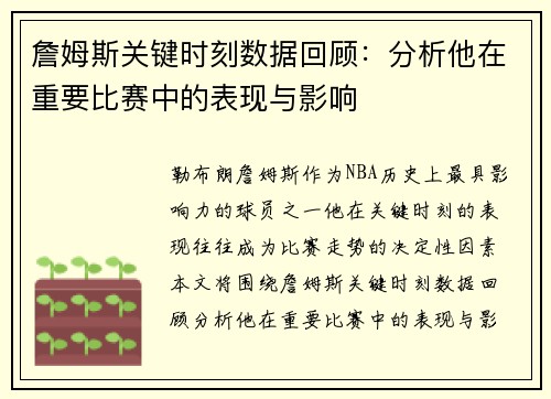 詹姆斯关键时刻数据回顾：分析他在重要比赛中的表现与影响